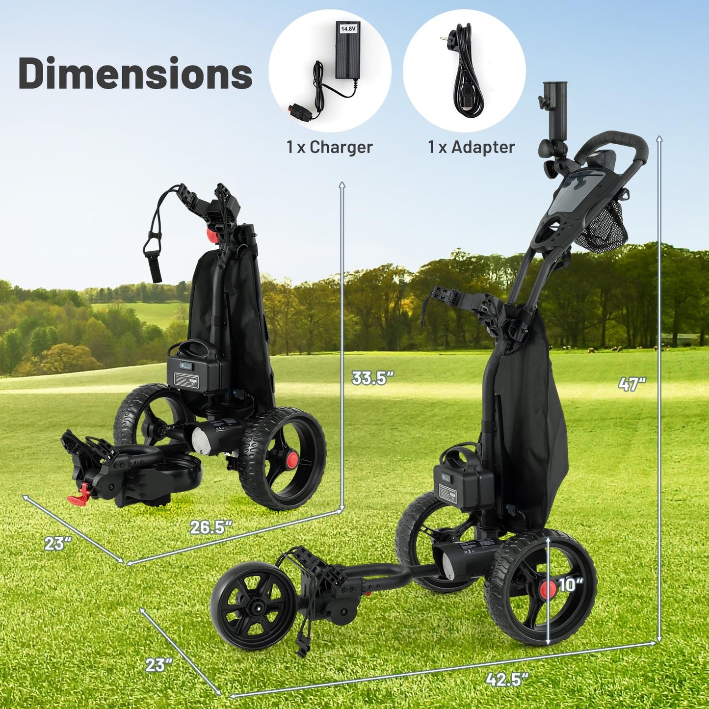 Tangkula Electric Golf Push Cart, Foldable 3 Wheels Golf Cart with Adjustable Handle & 9 Speed Settings, 18 Hole Battery, Umbrella Holder, Drink Holder, Scorecard Holder, Cooler Bag & USB Port, Black