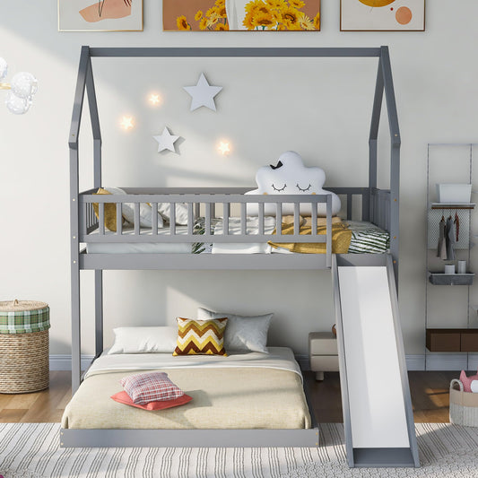 Bellemave Twin Over Full Bunk Bed with Slide and Built-in Ladder, House Shaped Solid Wood Bunk Beds with Full-Length Guardrail for Kids,Teens, Adults, No Box Spring Required, Gray