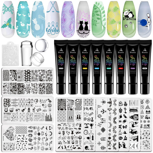 Biutee Nail Stamper Kit with Clear Stamper and Scraper, 10 Nail Stamping Plates and 8 Gel Stamping Polishes, UV Cure Required, Floral Animal Leaves French Nail Art Set for Beginners
