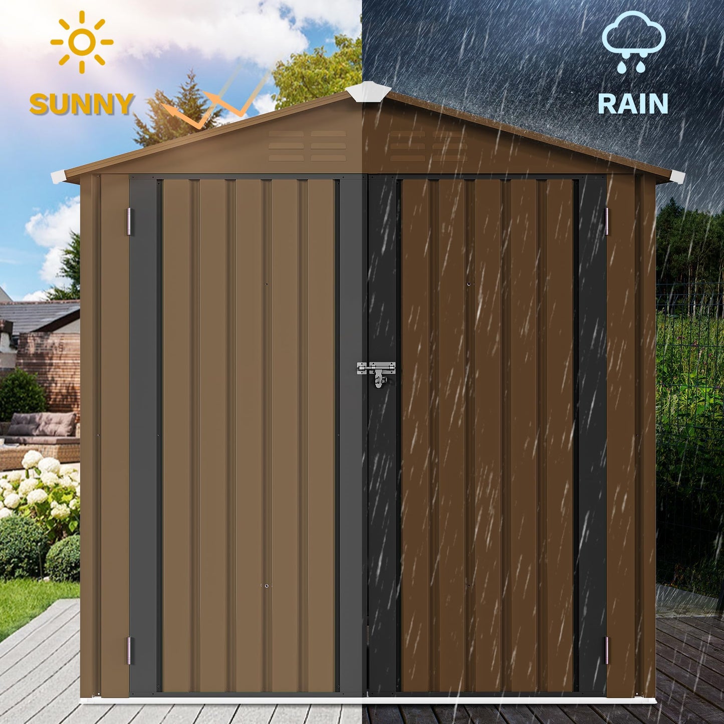 DWVO 6x4ft Tool Storage Shed, Lockable Doors, and Sloped Roof, Steel Outdoor Storage Shed for Garden, Patio, Garage, Backyard, Lawn - Brown