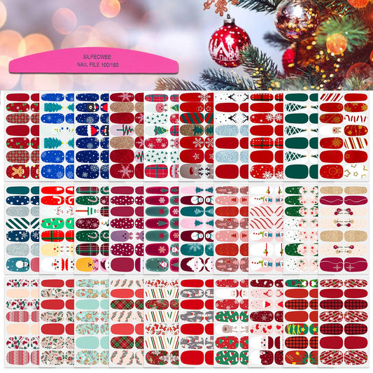 SILPECWEE 30 Sheets Christmas Nail Polish Strips Nail Stickers Full Nail Wraps Self-Adhesive Nail Polish Stickers Decals for Women Gel Nail Strips with Nail File (Chic Style)