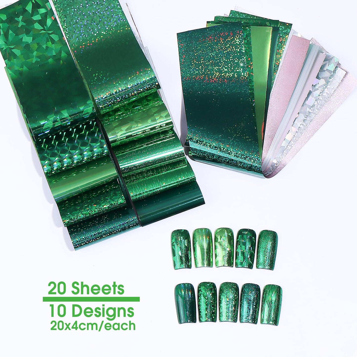 Green Holographic Nail Foil Transfer Nails Art 20PCS St. Patrick's Day Nail Foil Sheets Laser Geometric Iridescent Green Nail Design Stickers Decals DIY Starry Paper Manicure Supplies