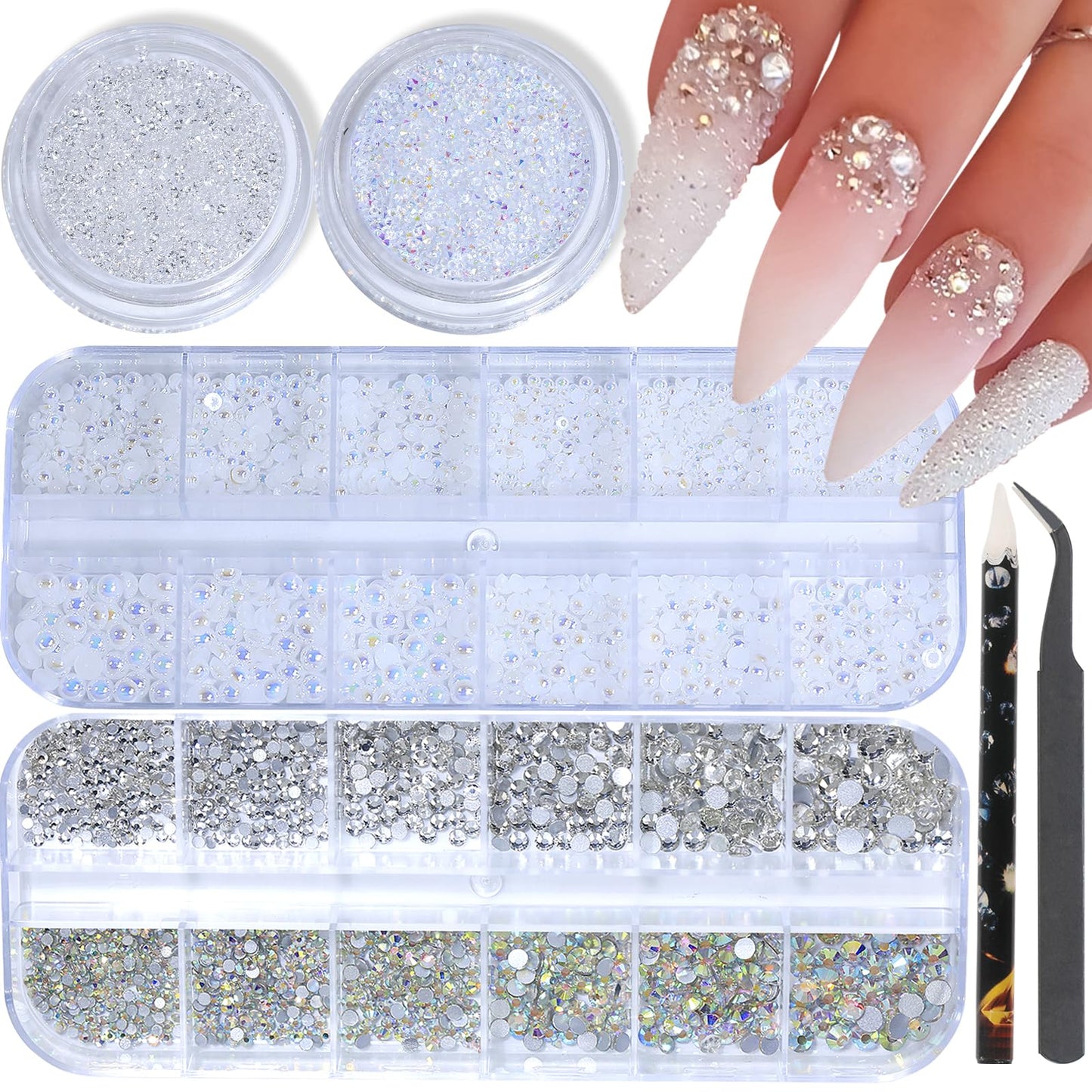 HNUIX Nail Art Charms - Metal Silver & Gold Beads, Flat Back Round Rhinestones, Small Nail Pearls, 3D Mixed Sizes Decorations for Nails
