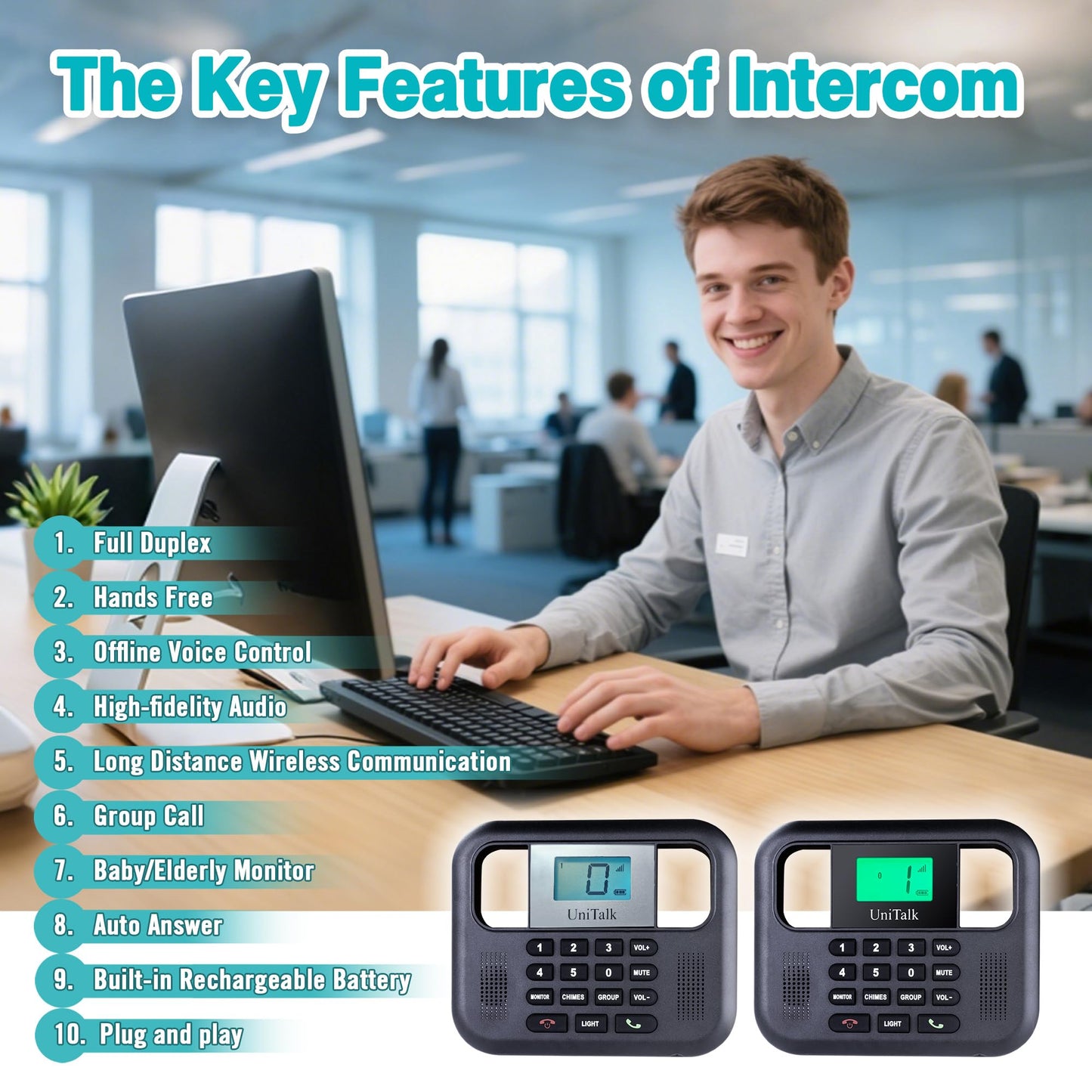 UniTalk Wireless Intercoms for Home & Office, Two-Way Real-time Full-Duplex Voice System with Offline Voice Control,Group Call & Monitor Function, Clear Sound, Long Range Up to 1/4 Mile (UT-001-1F1P)