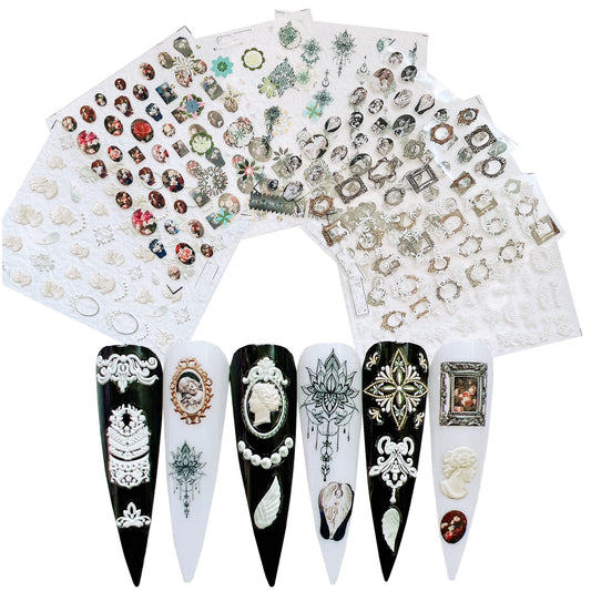 NAIL ANGEL 7Sheets Nail Art Adhesive Sticker Sheet 3D White Wedding Frame Shapes Nail Art Decoration 10310
