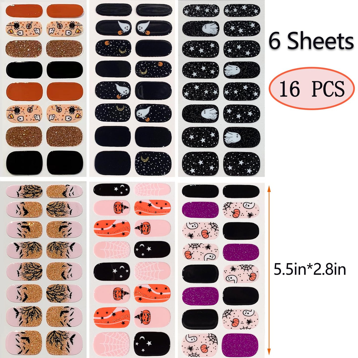 6 Sheets Halloween Nail Stickers Self-Adhesive with Glitter Pumpkin Bat False Nails Spider Skull Pattern Halloween Nail Stickers Women Girls Nail Art Decoration