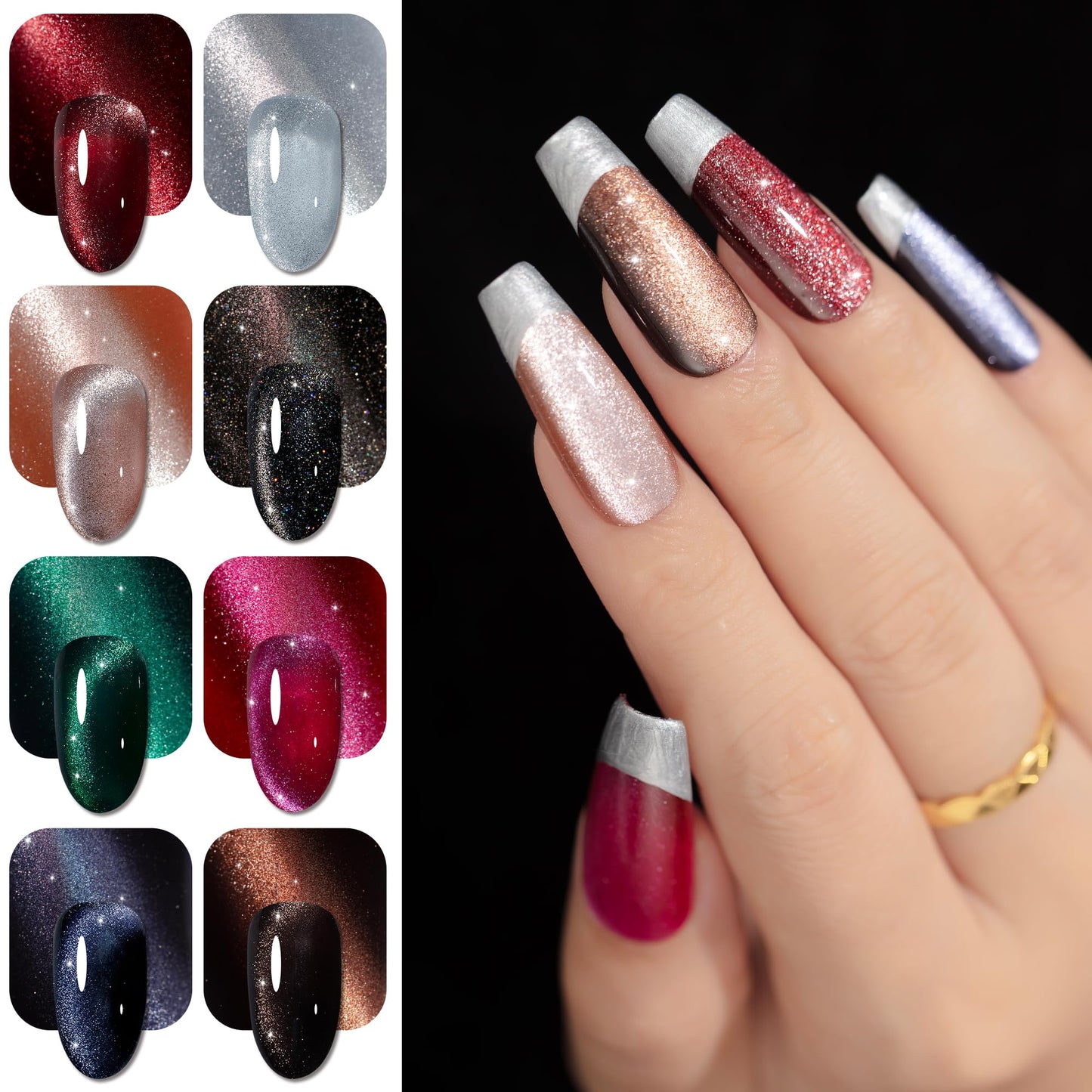 YTD Likomey Cat Eye Gel Nail Polish Set,Summer 8 Colors Crystal Magnetic Glitter with Magnet Stick Kit,Silver Green Blue Black Champagne Gold Brown Plum UV Color Varnish,0.25 Fl Oz 7.5 ml