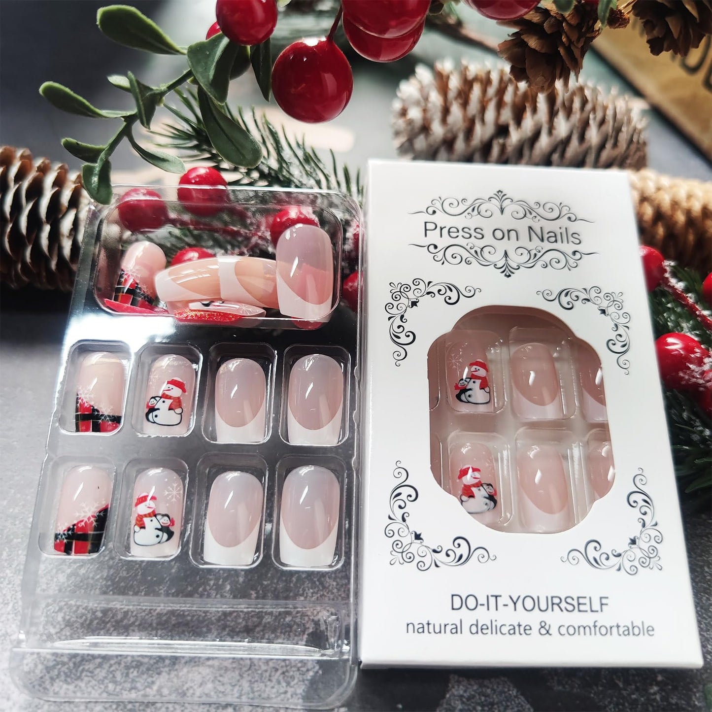Christmas Medium Square False Nails Snowflake Press on Nails Snowman Gel Glue on Nail 24Pcs Silver Glitter Stick on Fingernails Glossy White French Tips Acrylic Fake Nail for Women Xmas Gift
