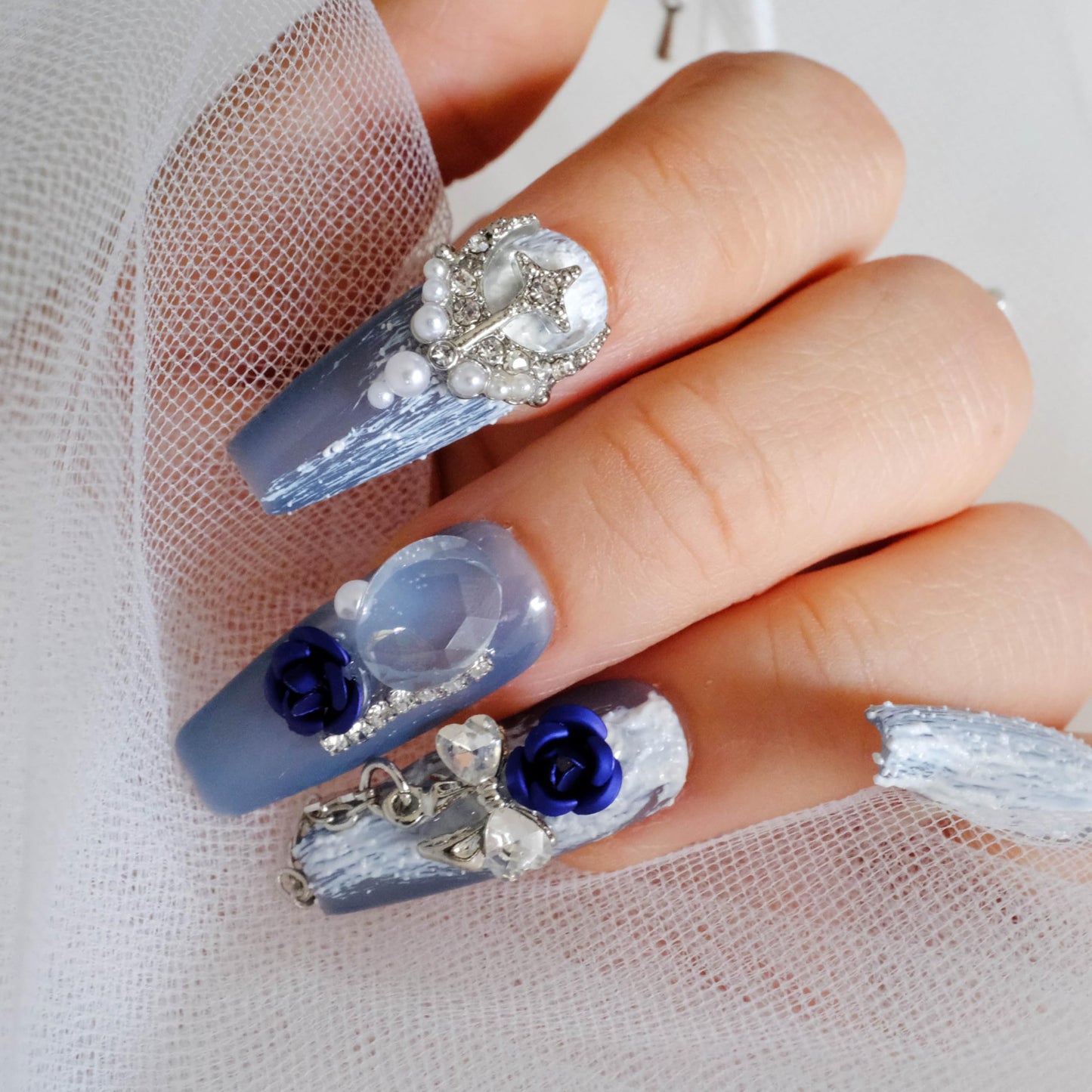GLORS Handmade Press On Nails, 3D Blue Rose Design with Moon Charms, Long Coffin Style, 10 Pieces (Small,LB)