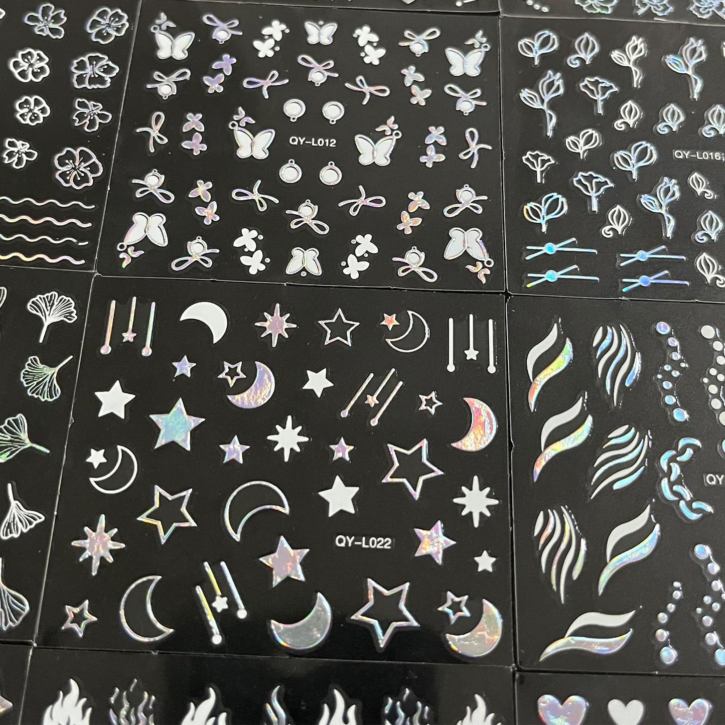 30 Sheet Silver Nail Art Stickers 3D Self-Adhesive Nail Decals Star Moon Flower Leaf Stripe Design Aurora Laser Nail Stickers Heart Butterfly Nail Art Supplies DIY Nail Decoration for Women