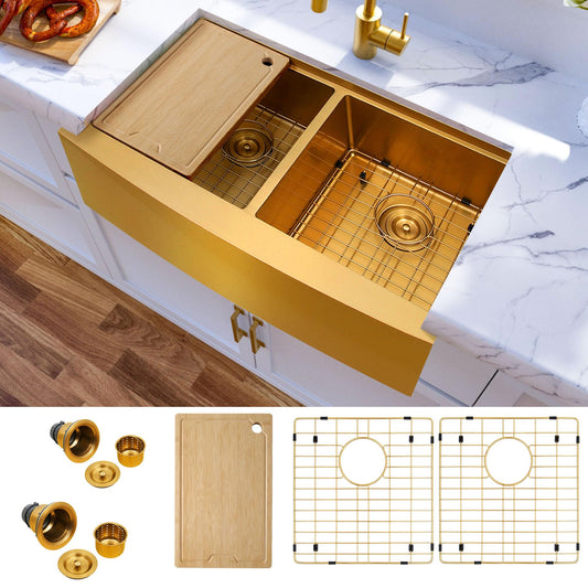MILOSEN Gold Farmhouse Kitchen Sink, 33x20x10 Inch 50/50 Double Bowl Apron Front Undermount Sink, Gold Stainless Steel Workstation Farm Sinks with Ledge & Accessories, 10'' Deep Handmade Kitchen Sinks