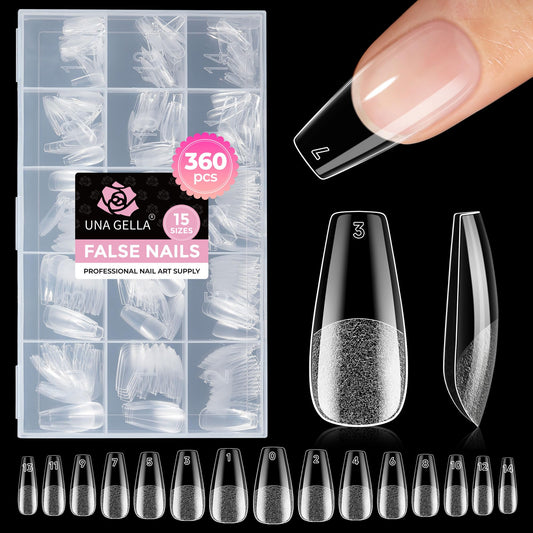 UNA GELLA Coffin Nails Tips: 360Pcs Soft Gel Nail Tips Coffin Medium Pre-Etched Half Matte Full Cover Coffin Press on Nails Clear Acrylic False Nails for Nail Extensions Home DIY Salon 15 Sizes
