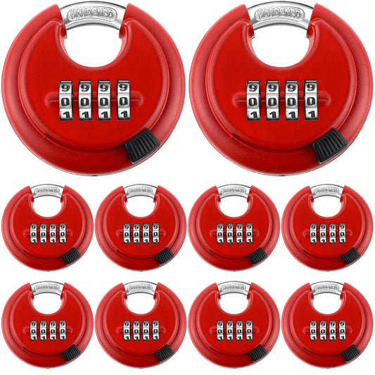 Maitys 10 Pack 4 Digit Combination Locks Stainless Steel Code Disc Lock Combo Padlock with Hardened Steel Shackle for Sheds Locker Storage Unit Gym Fence Gate Outdoor Indoor, Round (Red)