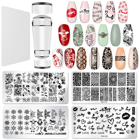 Nail Stamper Plate Kit, 4x Nail Stamping Plates +Dual-end Silicone Nail Art Stamper +Scraper, Snowflake & Spring Butterfly Flowers &Leopard Snake & Kiss Heart, DIY Design Manicure Salon Home, BlueZOO