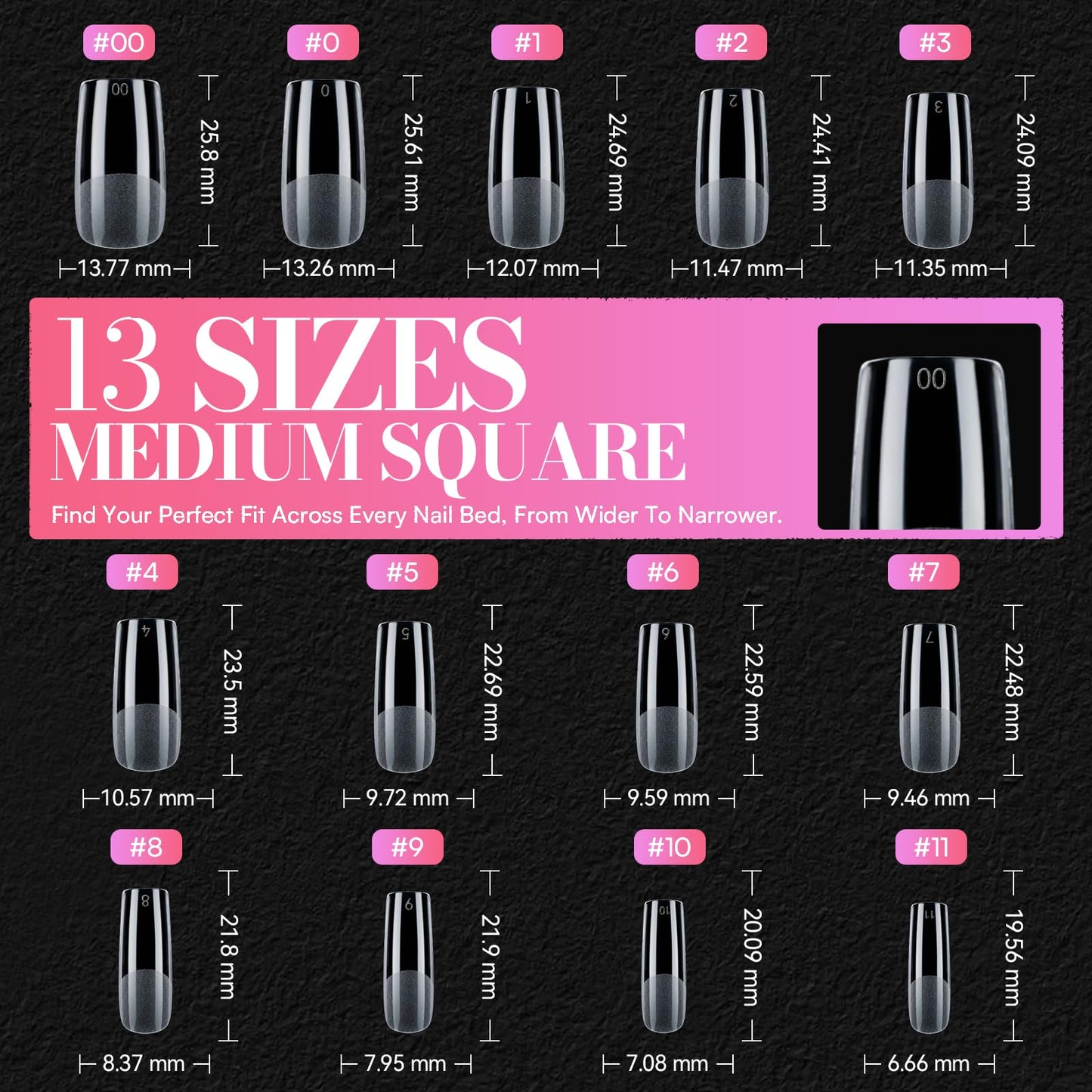 Makartt Medium Square Nail Tips: 504 PCS Pre-Etched Clear False Nails Tips Square Shapes, 13 Sizes Full Cover Half Matte Soft Acrylic Press On Nail Extensions Supplies Salon and DIY at Home