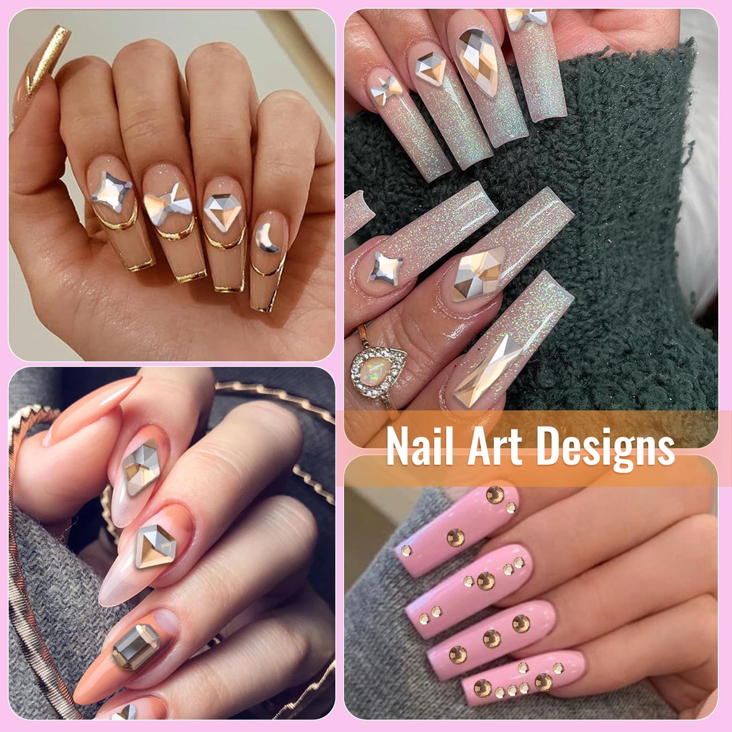 Champagne Gold Nail Art Rhinestones Kit Multi Shapes Crystal Flatback Nail Gems Half Round Rhinestones for Nails, Gold Gems Crystals Glass Rhinestone for Nails Art DIY Supplies Craft