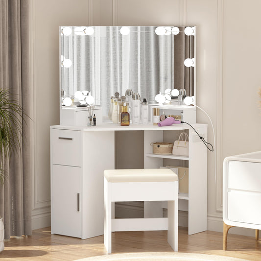 Corner Vanity Desk with Mirror & Lights, Makeup Table Set with Lighted Mirror, 3 Adjustable Lighting Colors, Cushioned Stool, 5 Drawers & Shelves, Bedroom Dressing Table for Women, Black