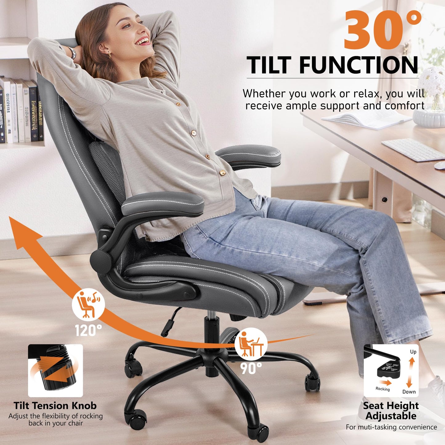 BESTFAIR Office Chair, Executive Computer Desk Chair with Lumbar Support for Lower Back Pain Relief, Ergonomic Leather Home Chair Comfy with Padded Flip-up Arms and Adjustable Armrests, Gray