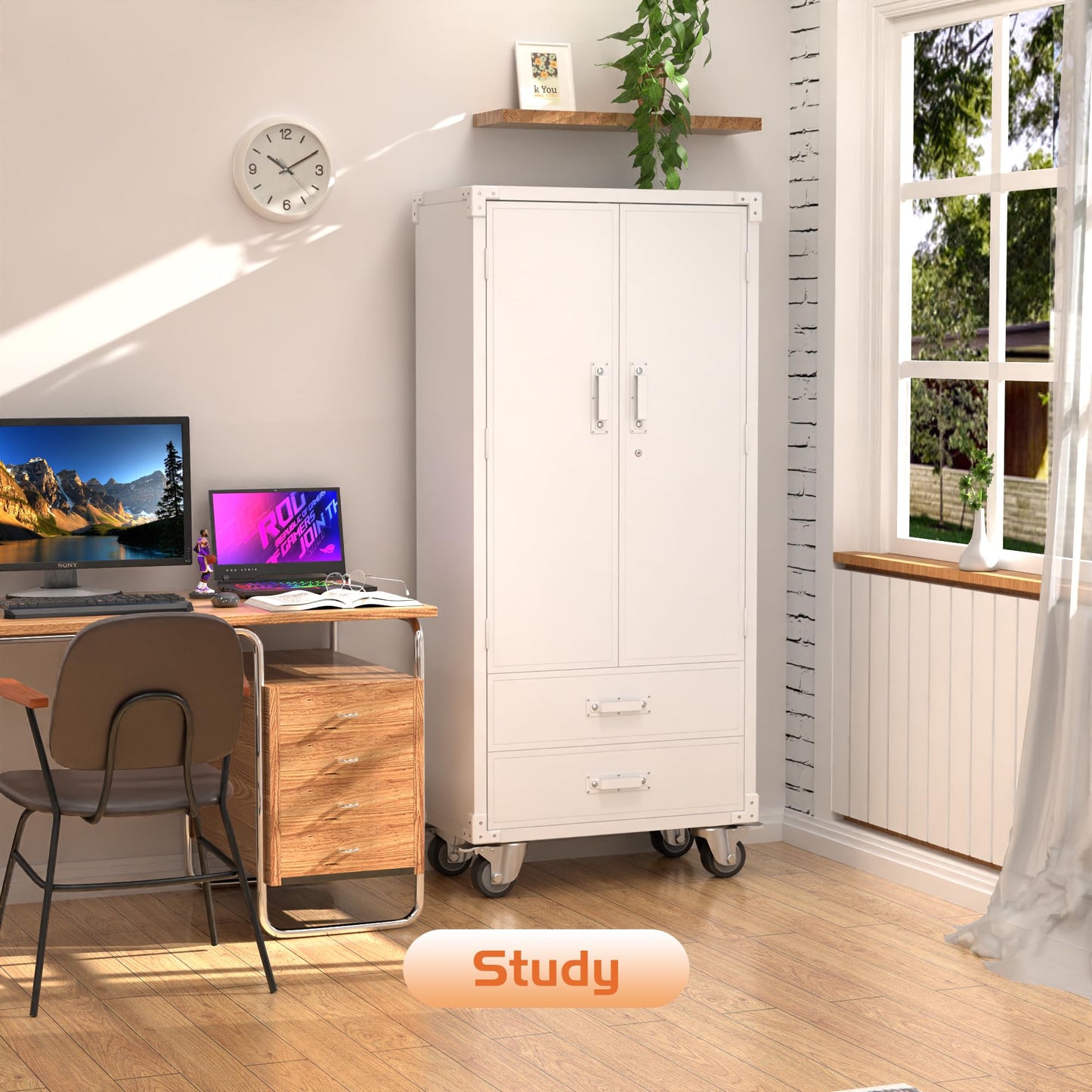 SUXXAN Rolling Storage Cabinet with 2 Doors and 2 Drawers, Heavy Duty Metal Storage Cabinet with Shelves, Locking Steel Cabinet for Warehouse, Home, Office (White)