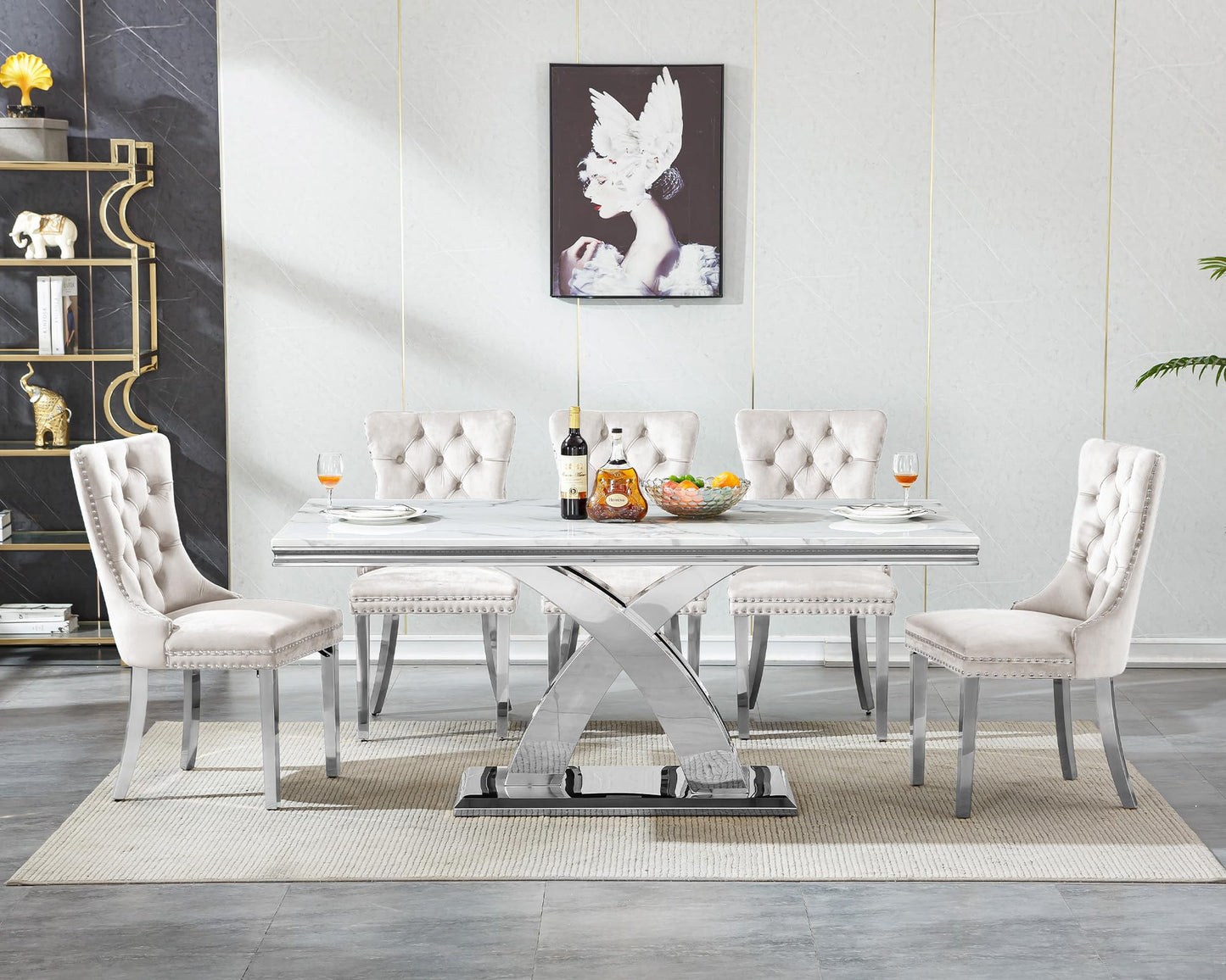 Pvillez 68.11" Marble Dining Table Set, White Dining Table with 6 Beige Velvet Chairs, Rectangle Kitchen Table and Chair Set with Silver Stainless Steel Base, Luxury 7 Piece Dining Set for Kitchen