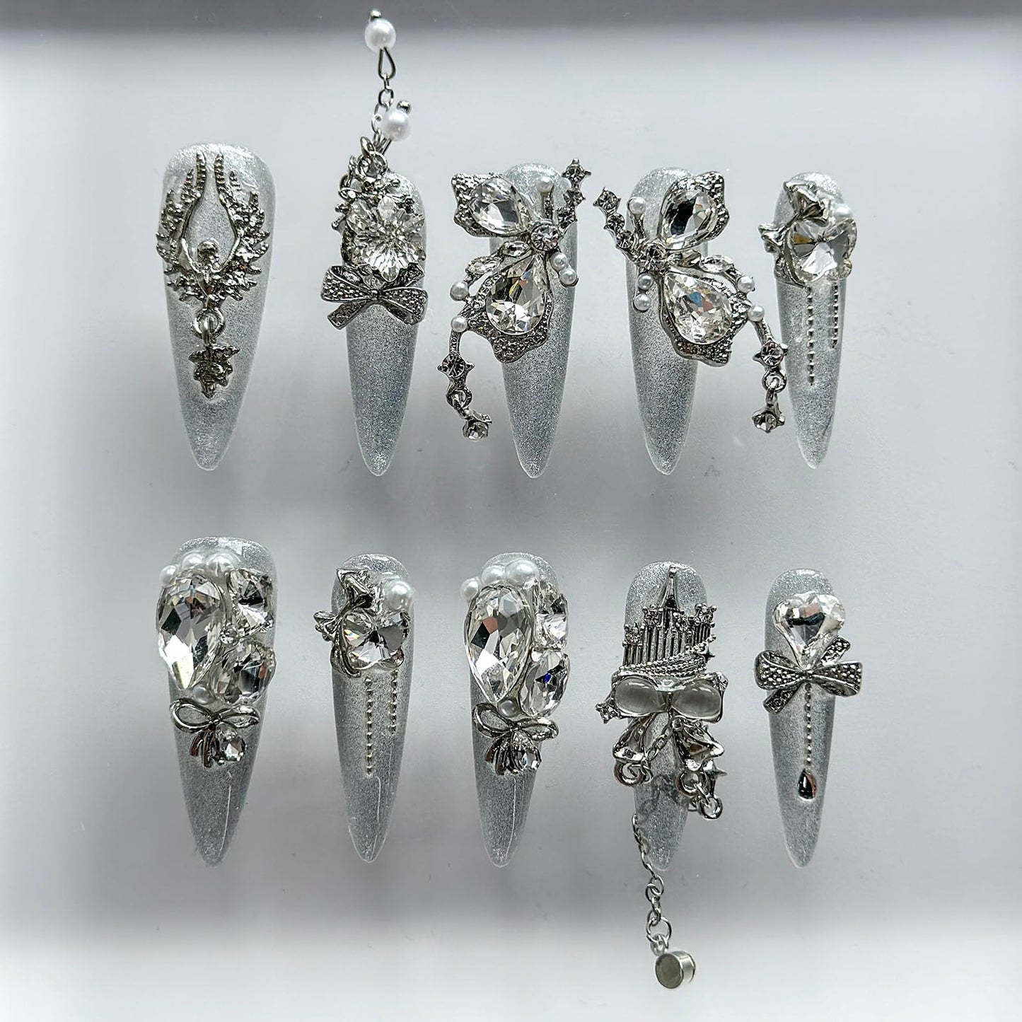Luxury Press on Nails Long Almond Handmade 3D Unique Reusable ABS Material Fake Nails White Gothic False with Designs Bow Rhinestones Glitter Art Glossy Glue on Nails Thick Acrylic Nails(M)