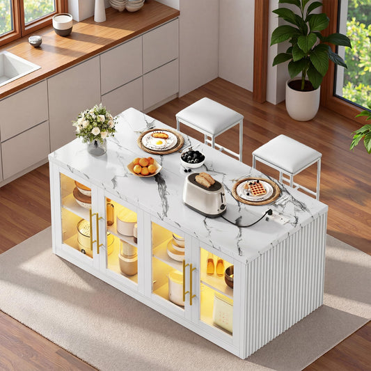 Homiflex Kitchen Island with Storage, Imitation Marble Island Table with LED Lights & Cabinet for Kitchen, Modern Kitchen Carts on Wheels for Dining Room, Home Bar, White
