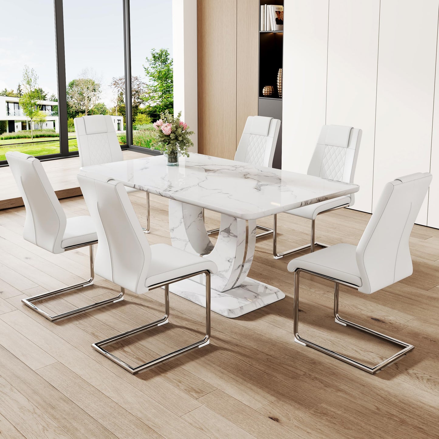 JUFU Modern Dining Table Set for 6,Rectangula Dining Room Table Set with 63 in Faux Marble Tabletop＆6 Pu Leather Upholstered Chairs Ideal for Dining Room, Kitchen （ 63'Dining Table Set 6 +White）