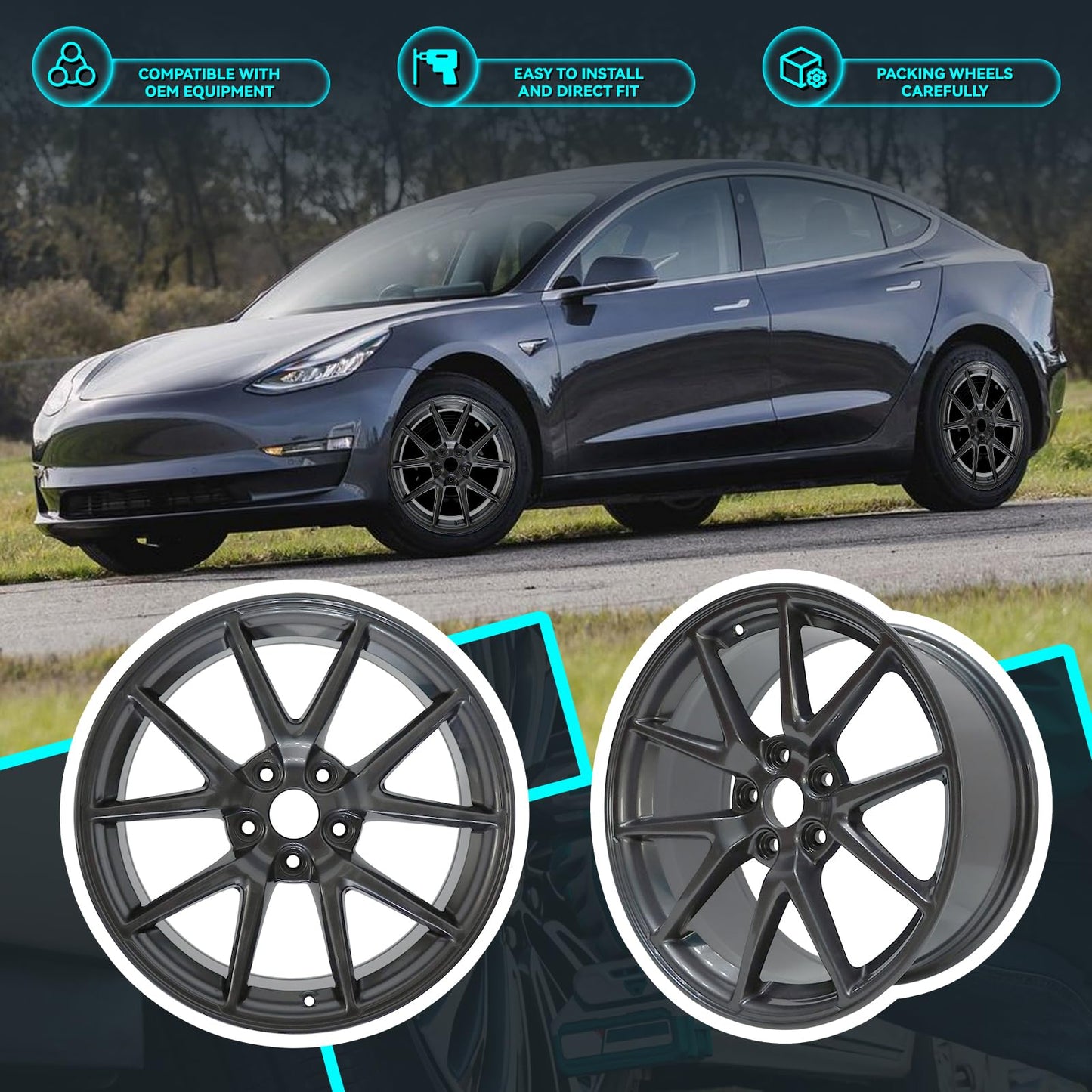 HOLUEKU New Single 18 x 8.5" 18 Inch Dark Charcoal Premium Aluminum Alloy Wheel Rim Fits for Tesla Model 3 2017 2018 2019 2020 2021 2022 2023, 96276 OEM Design Replacement Rim, ALY96276U35N
