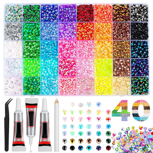 32000Pcs 40 Colors Resin Jelly Rhinestones for Bedazzling, Multicolor 3mm Flatback Gems for Diamond Art 3Pcs Jewelry Glue for Bedazzled Nail Art Makeup Crafting Book Shoes