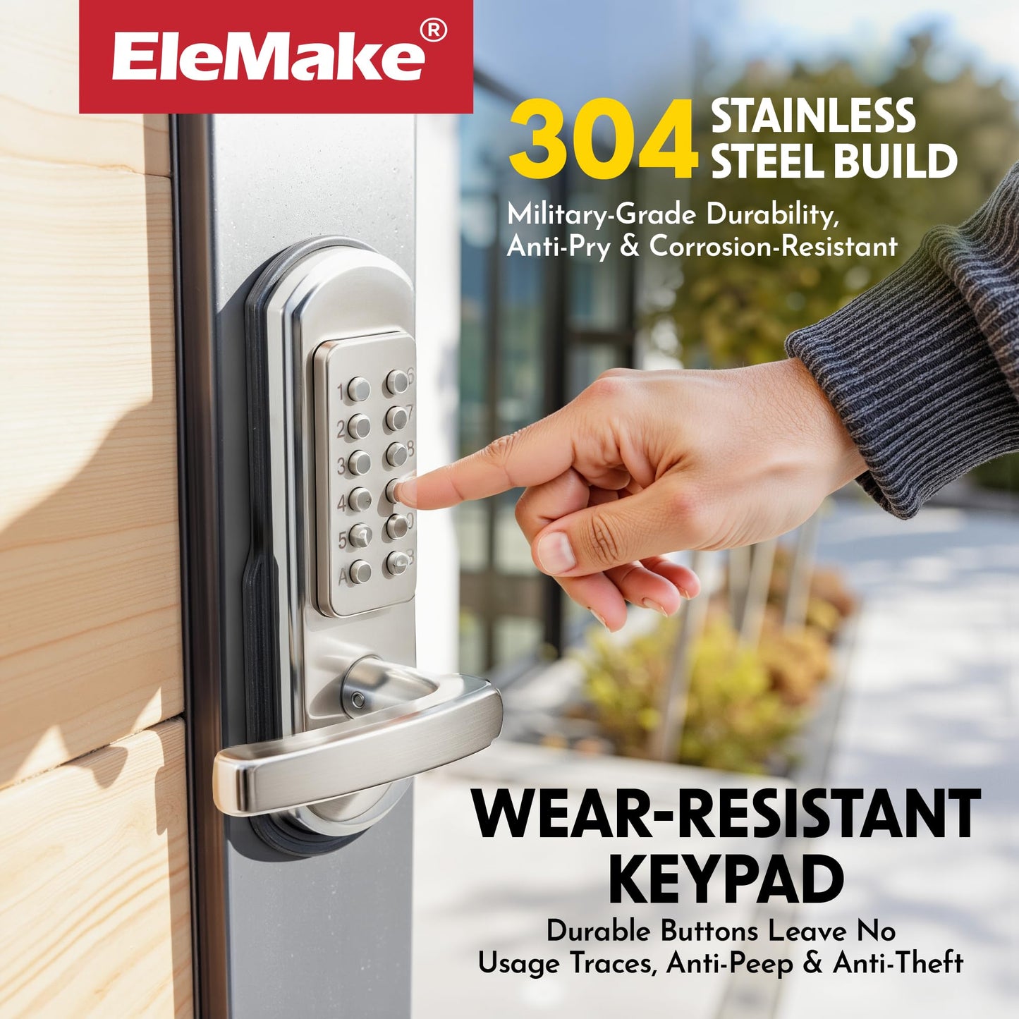 Elemake Left Handed Keyless Door Lock, Mechanical Keypad Door Lock with Handle, Heavy Duty Door Lever Lock Combination Security Digital Code, Stainless Steel 304 (Not Deadbolt)