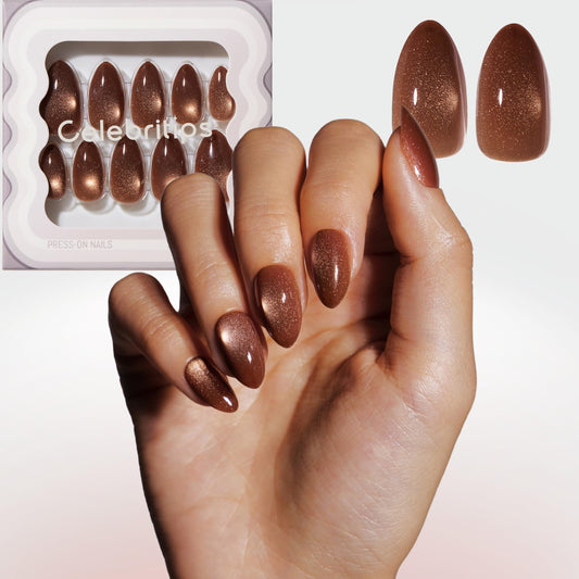 Celebritips Nail Art Press-Ons | Cinnamon Powder, Short Almond Nails, Reusable, Salon Quality Fall Nails | 16 sizes - 32 Nails Kit with Super-hold Nail Glue and Sticky Tabs