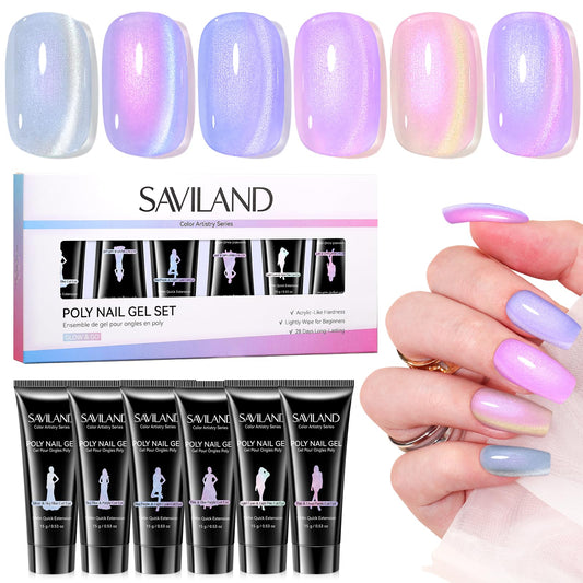 SAVILAND Hema-Free Poly Gel: Fast & Easy Poly Extension Gel Nail Kit 6 Colors with Cat Eye Effect, 28-Day Lasting Nourishing with Castor Oil, Beginner-Friendly Stays for Quick Nail Extensions Home DIY