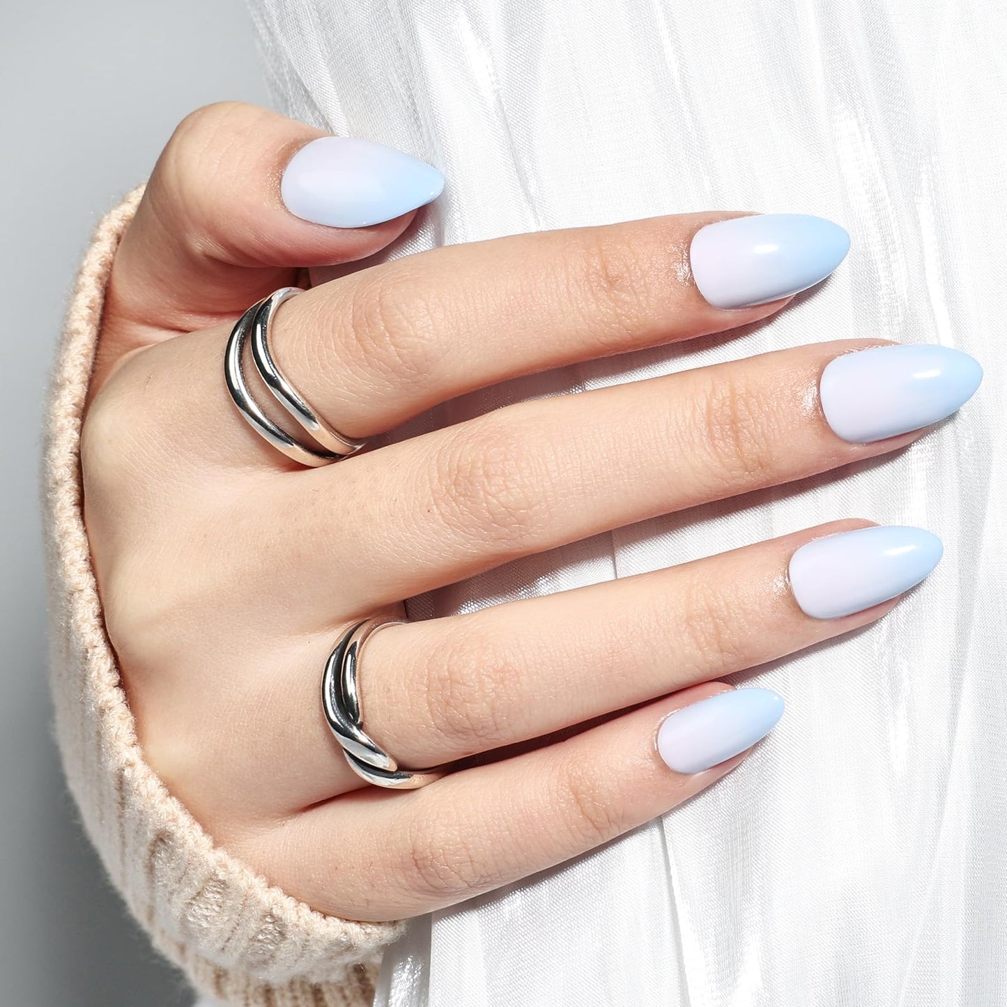 Ombre Press On Nails Short - Blue Almond Ombre French Tip Press On Nails, Reusable Fake Nails Kit with Glue, 32 Nails in 16 Sizes | Salon Quality