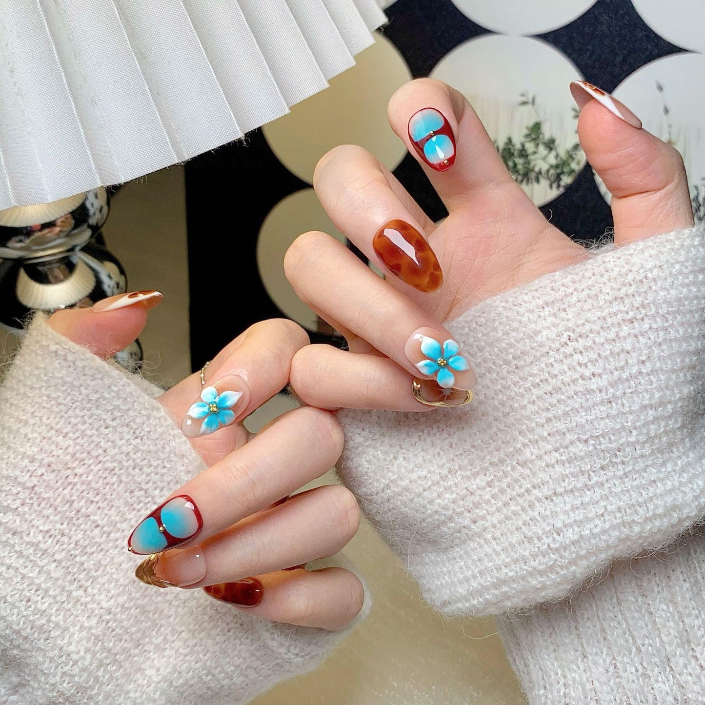 Medium Press on Nails Almond - Handmade Fake Nails with Flower Gold Line Deisgn - Ombre Brown False Nails Fall Nails Press ons for Women - (Size M)