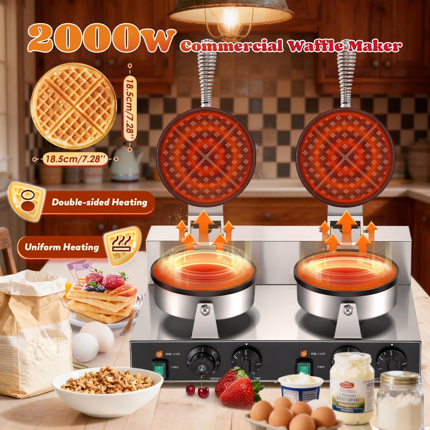 Moongiantgo Commercial Waffle Maker, 2000W Non-Stick Double Head Belgian Waffle Maker Waffle Iron Stainless Steel with Temp & Timer Control, Electric Baker Machine for Home Kitchen Food Trucks, 110V