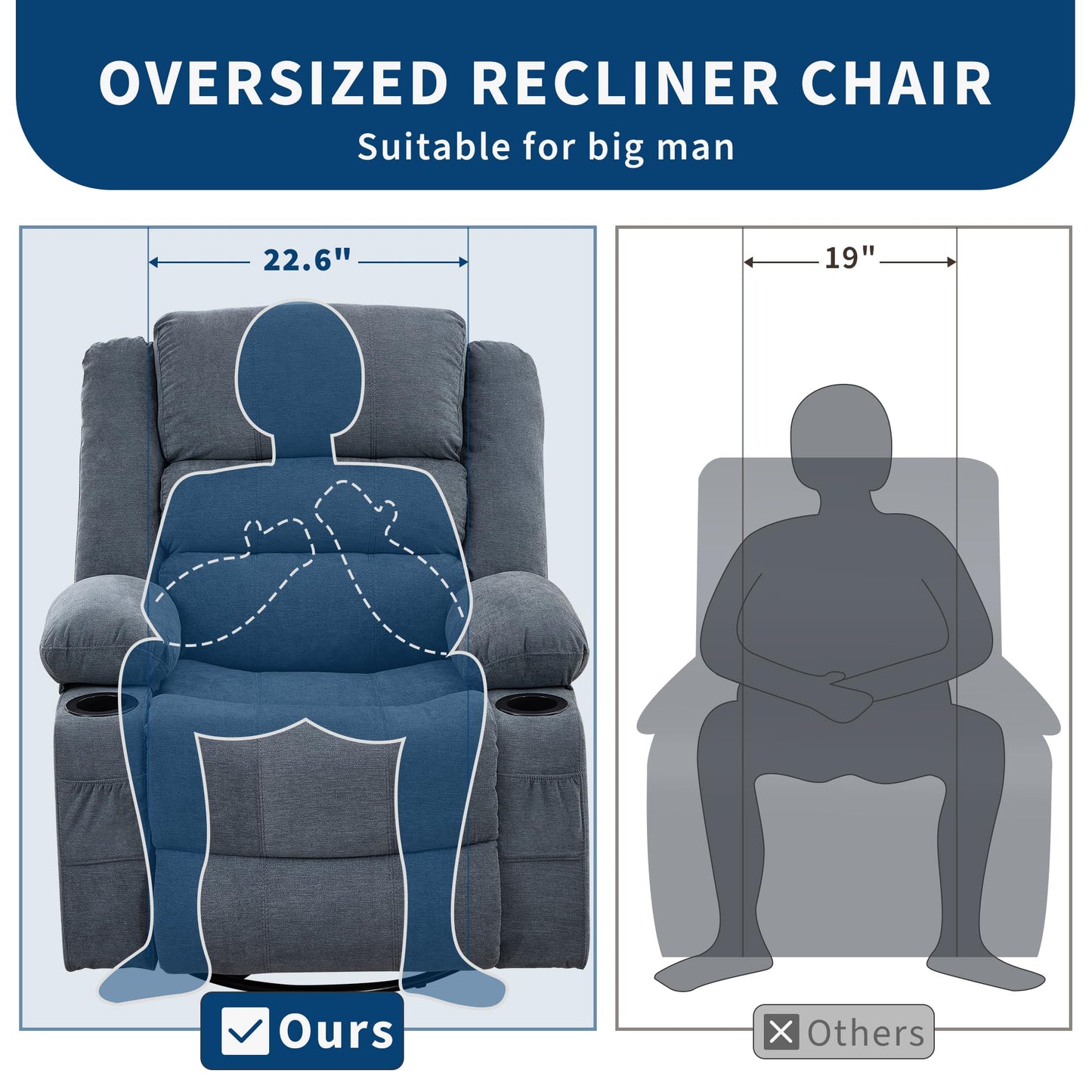 Rocking Recliner Chair for Adults Wide 360° Swivel Rocker Recliner with Cup Holder Nursery Glider with Upholstered Deep Seat Linen Lazy boy Chair for Living Room Blue