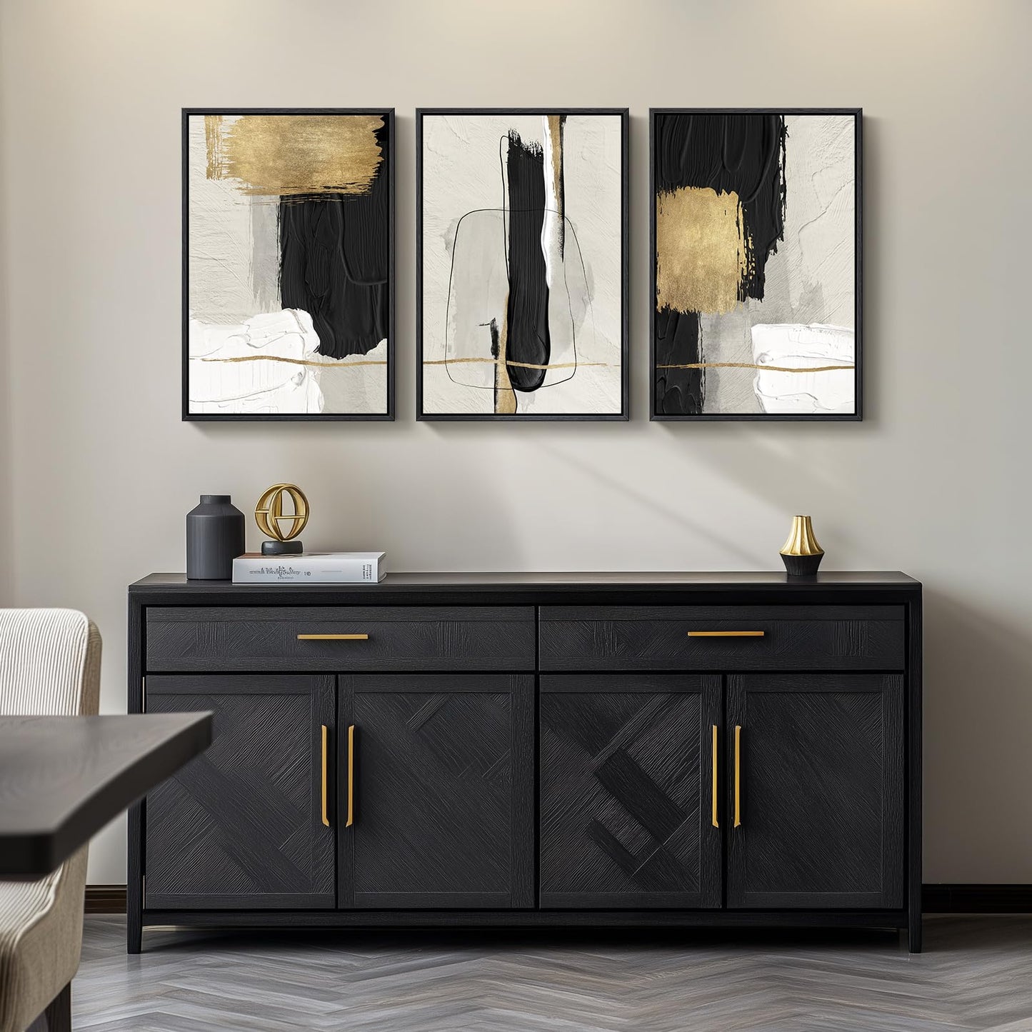 Framed Black and White Abstract Wall Art, 3 Piece Canvas Prints Paintings Artwork for Walls, Modern Minimalist Gold Beige Block Pictures for Living Room Hallway Office Wall Decor 16x24 Inch