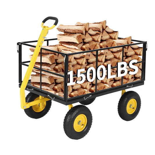 Heavy Duty 1500 Lbs Capacity Mesh Steel Garden Cart Folding Utility Wagon with Removable Sides and Wheels for Transporting Gardening Soil Tools and Plants