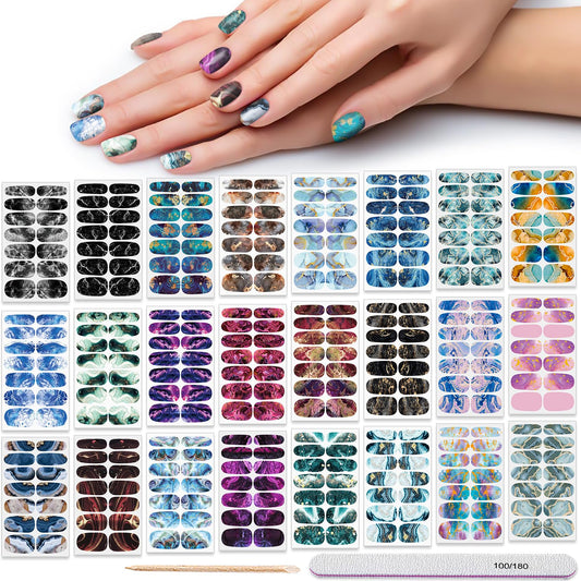 DANNEASY 336PCS/24 Sheets Nail Polish Strips - Marble Gel Nail Stickers Full Nail Wraps UV Free | Easy to Stick | Adhesive Sticker Nails for Women with 1 File, 1 Cuticle Stick