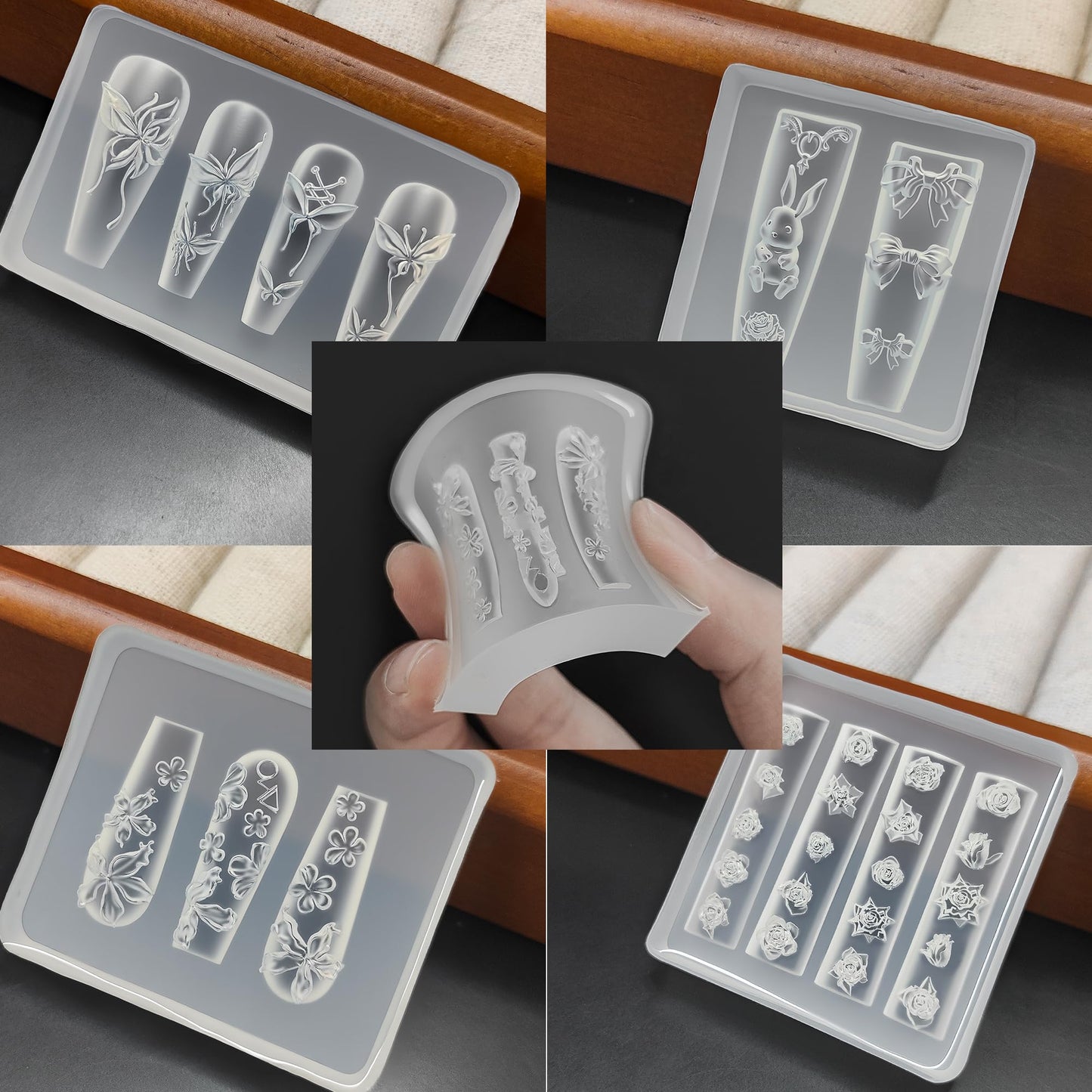 3D Flowers Nail Mold 4 Pcs Silicone Flower Nail Tools Resin Nail Charms Mould Gel Nail Art Sculpture Floral Rose Butterfly Bow Carving Template Molds for Resin Manicure Accessories DIY Nail Supplies