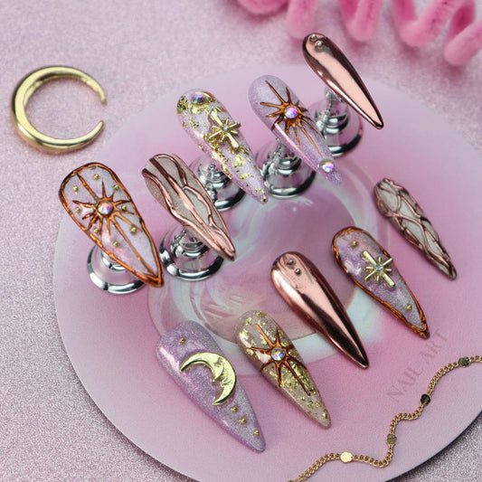 Star Moon Press on Nails Long Stiletto Fake Nails Pure Handcrafted Nail Mirror Effect Glue on Nails Glitter False Nail with Design Rhinestone Stick on Nail for Women Girls Luxury Manicure (M)