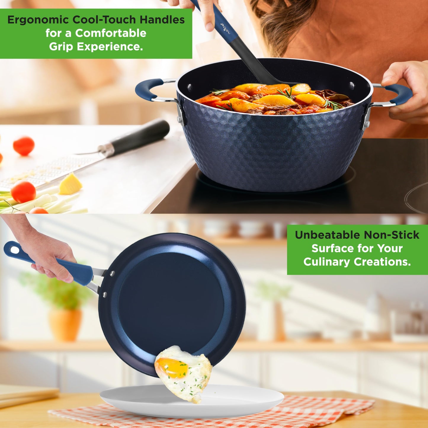 NutriChef 11 Piece Pots and Pans Set - Non Stick Cookware Set with Ceramic Coating, Cool-Touch Handles, Induction Ready, Includes Lids, and Utensils - Diamond Blue