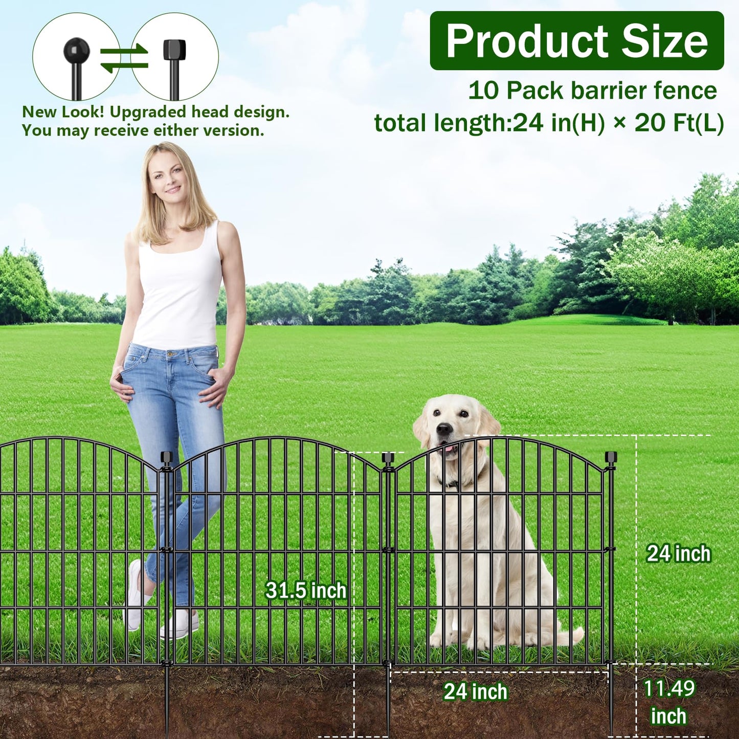 10 Panels No Dig Decorative Garden Fence with Gate - 24 in (H) x 20 ft (L) Dog Rabbits and Pets Fence Outdoor for Yard, Animal Barrier Tall Rustproof Metal Wire Fencing Border for Garden and Patio