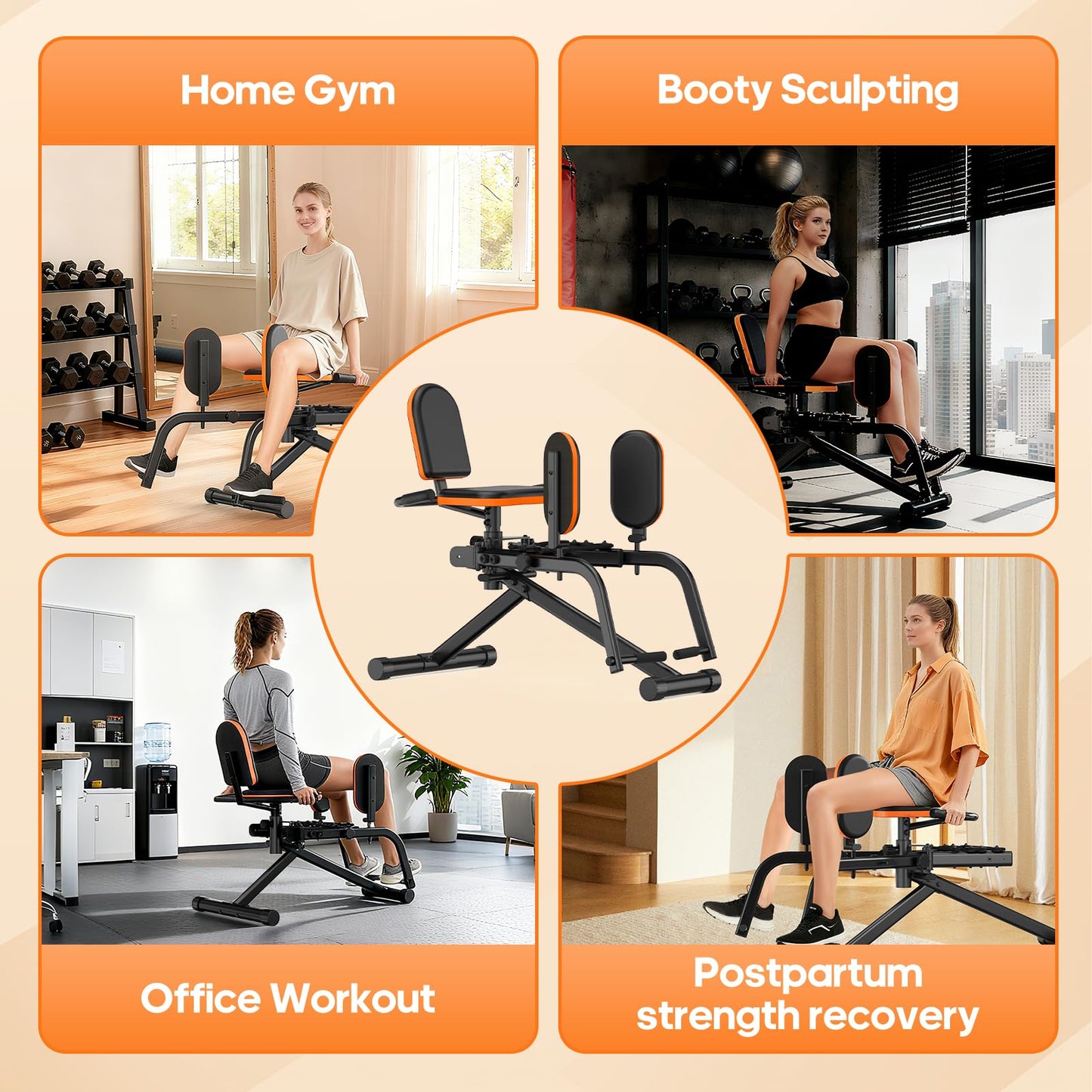 HXD-ERGO Hip Abductor/Adduction Machine for Home Gym, 6-Level Glute Machine & Thigh Workout Equipment, Booty Builder with Plush Padding, Compact Leg Exercise Euipment for Women & Men (Orange)