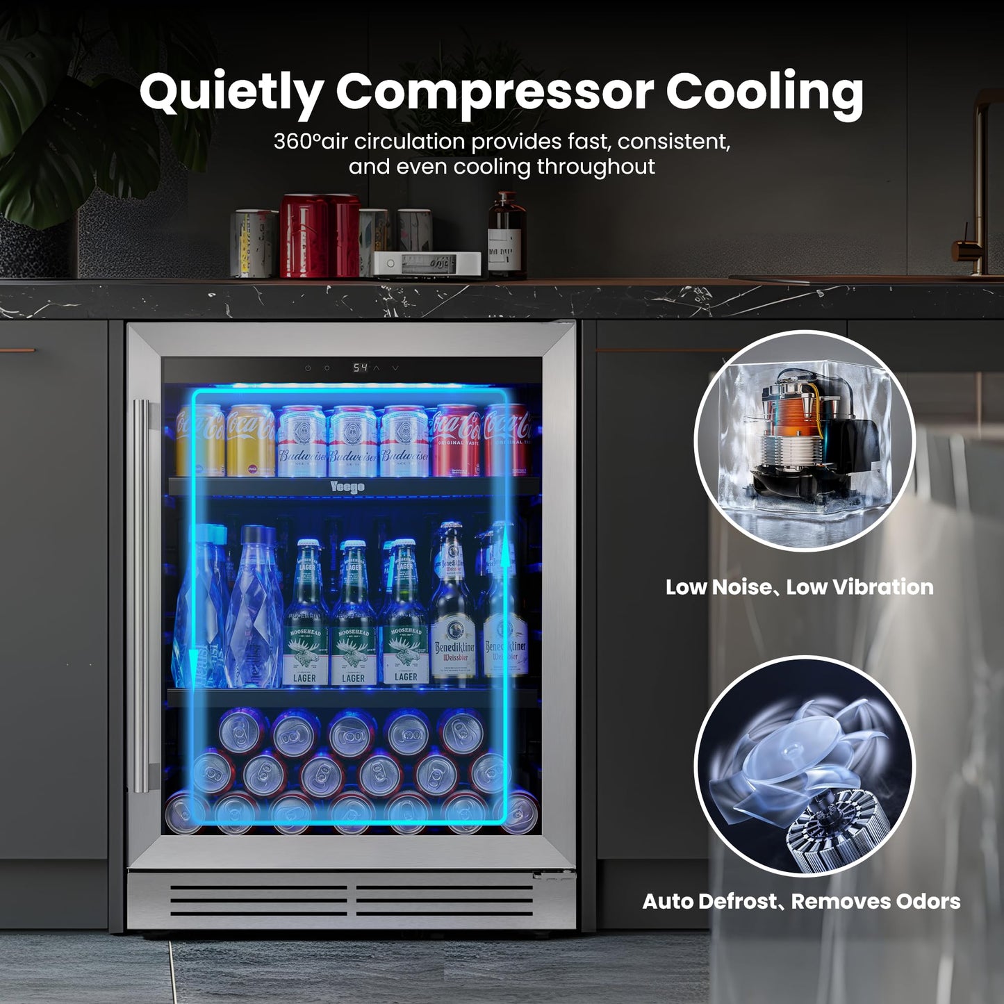 Yeego Beverage Refrigerator & Drink Fridge - 24 inch 180 Cans Beer Cooler Glass Door, 34-54℉ Under Counter Refrigerator Built-in for Drink Soda Wine for Bar Office Bedroom