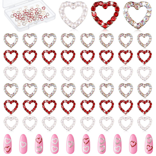 Leelosp 36 Pieces 3D Heart Nail Charms, Alloy Love Heart Nail Gems with Inlaid Rhinestone Pearls for Women Fingernail Art Decorations Christmas Valentine's Day DIY Crafting Design
