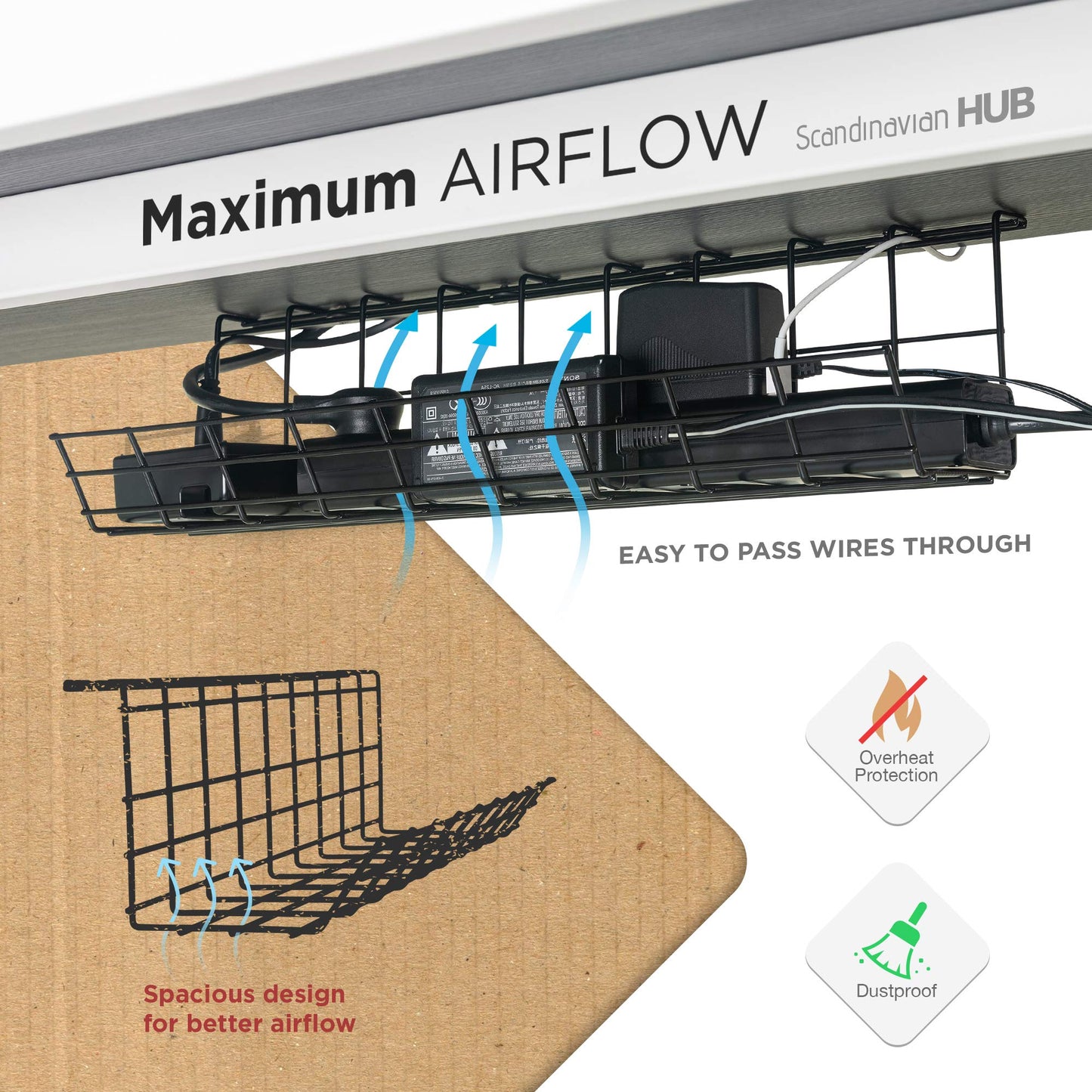 Under Desk Cable Tray, Cord Organizer for Wire, Cord Management, Under Desk, Wire Holders - Black Tray - Set of 4X 17