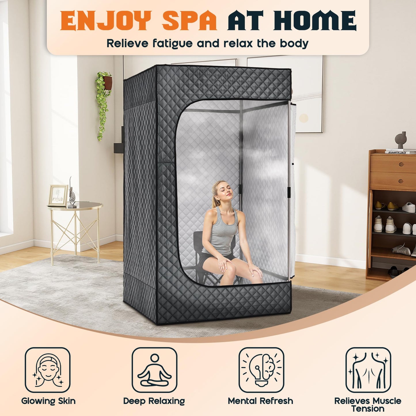 Albott Extra-Large Portable Steam Sauna Box for Home, 39.4"x39.4"x70.9" Full Body Sauna Tent with 3L 1500W Steamer, Remote Control & Folding Chair, Grey