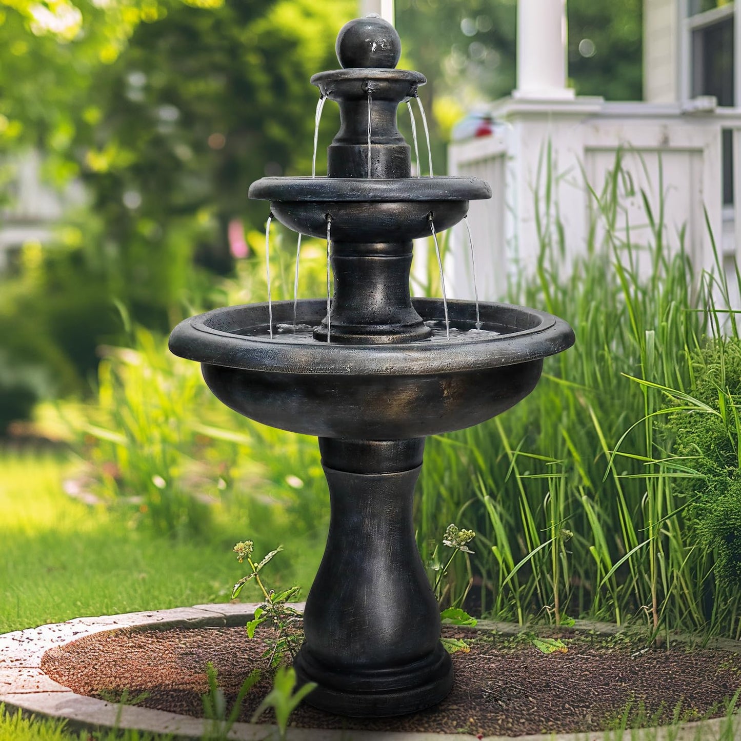 SunJet 45.2" High 3-Tiers Modern Concrete Outdoor Water Fountain - Round Large Outdoor Fountains and Waterfalls for Garden, Patio, Yard, and Deck Decor, Featuring Natural Stone Look (Black, 45.2inch)