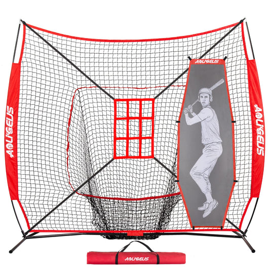 AOLIGEIJS 7'X7' Baseball Softball Practice Net,Pitching Net, Batting Net,with Tee,Bonus Strike Zone and Bow Frame,for Hitting,Pitching, Catching,with Carry Bag (Basebll Net+Batter Dummy) Red